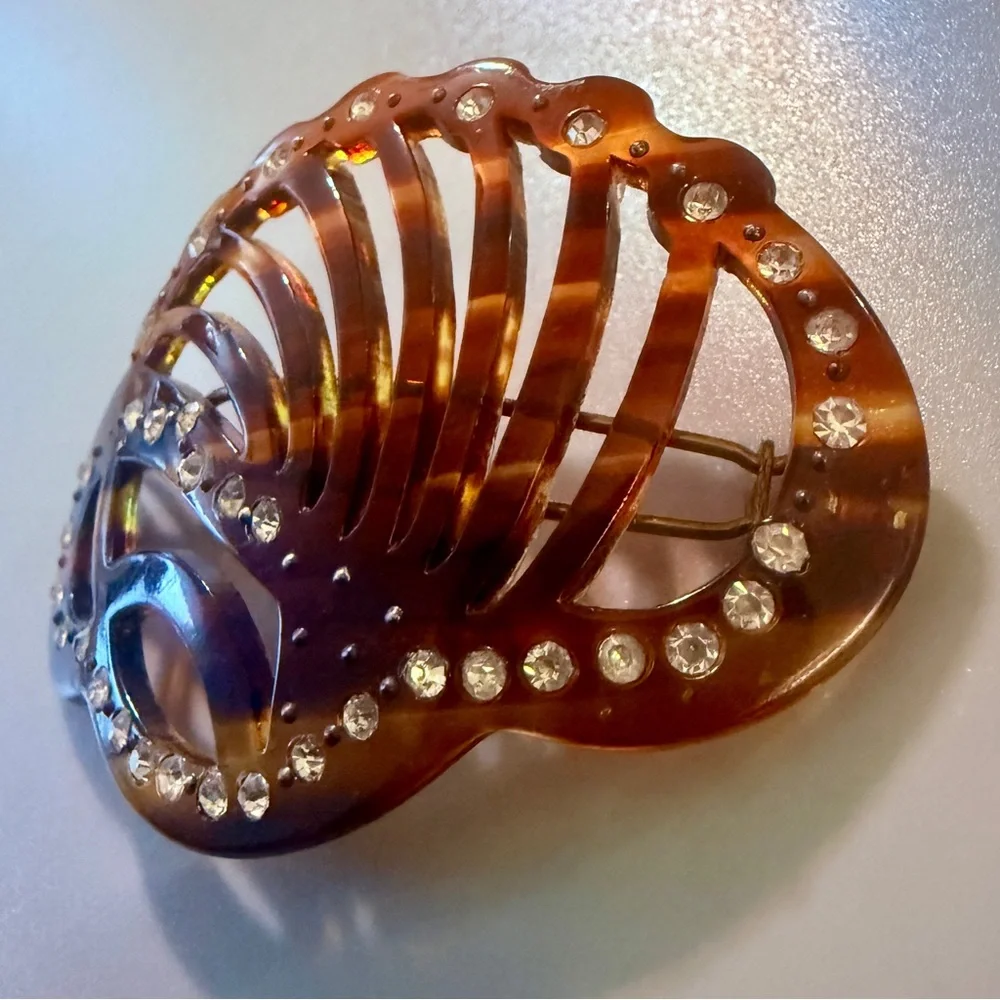 1960’s Tortoiseshell French Rhinestone Barrette, Handmade‎ in Paris, Deadstock